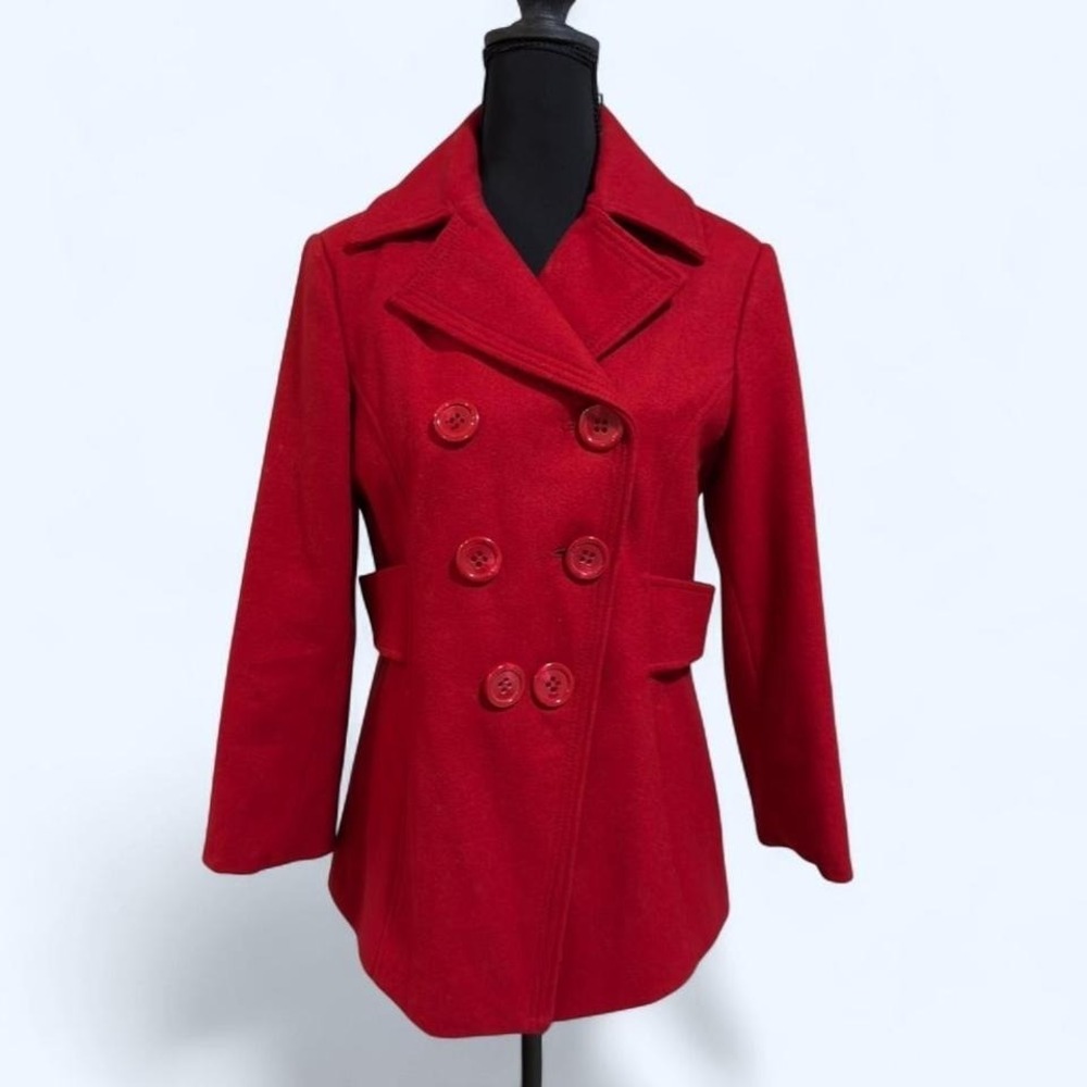 Classic GUESS red wool blend pea coat,‎ Medium